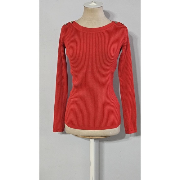 Elie Tahari Sweaters - Elie Tahari Women's Red Knit  Long-sleeve Sweater With Gold Shoulder Buttons